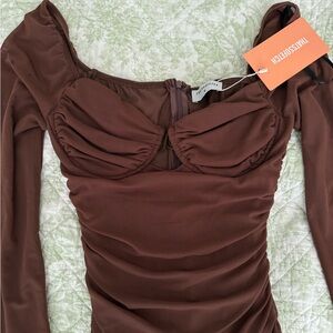 THATSOFETCH Brown Long Sleeve Ruched Dress